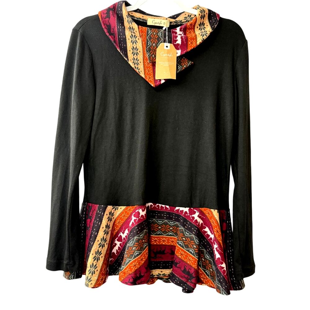 Women's Cyanstyle Size S Small Black Blouse Long Sleeves Tribal Pattern New NWT